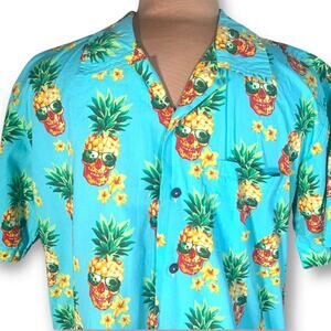 Men’s Hawaii Hangover Shirt Blue Pineapple Skull Camp Collar Short Sleeve